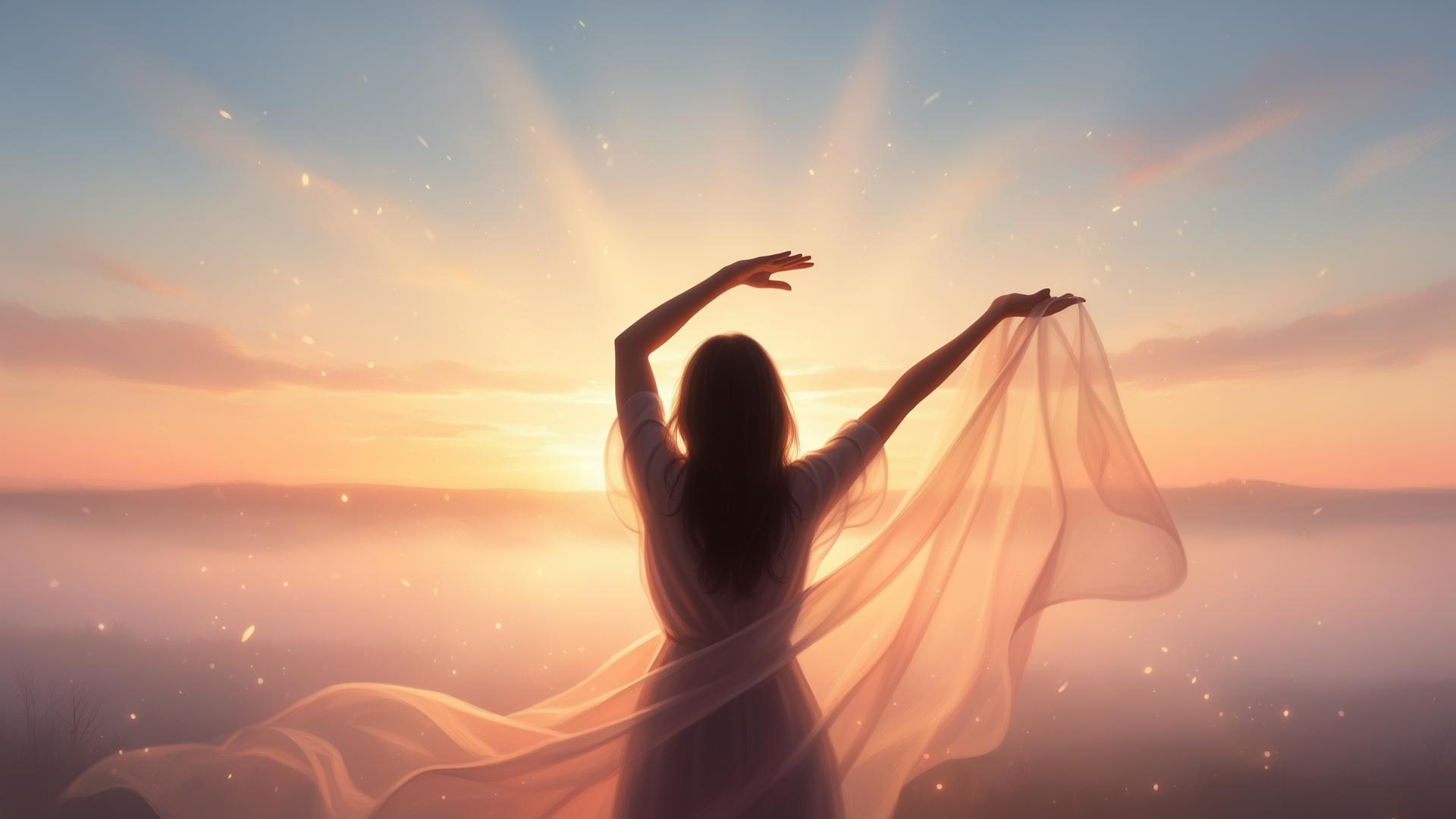 Woman silhouetted against a glowing sunrise, arms gently rising